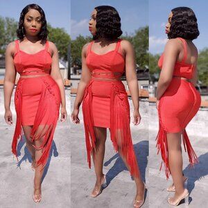 CRIMSON RED BODY-CON BANDAGE FRINGE MINI SKIRT